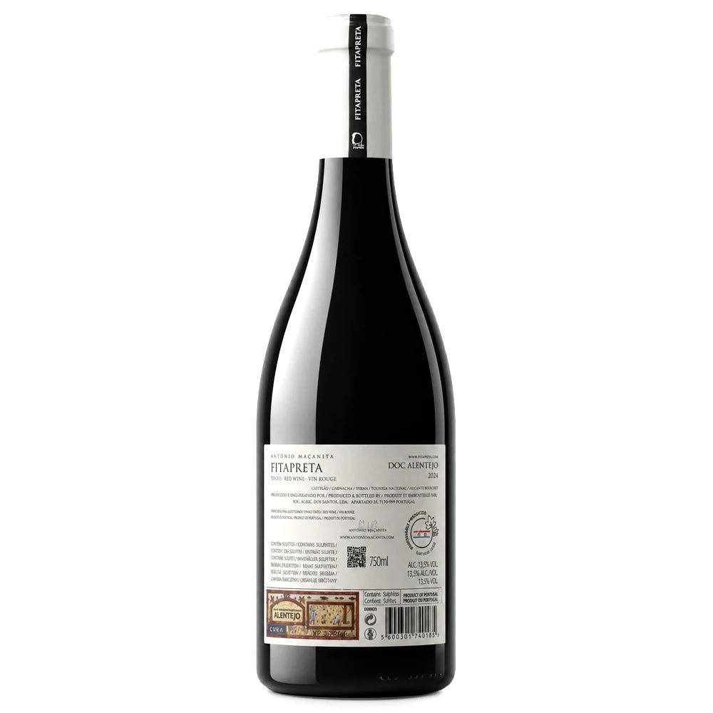 Antonio Maçanita FITAPRETA O Iluminista 2024. A bottle of red wine shown from the back, featuring a dark glass body, a white paper label with black text, and a white capsule seal at the top, isolated on a white background.