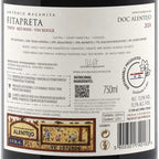 The back of a white wine bottle label for Fitapreta by Antonio Macanita, showing product details, ingredients, production info, and a barcode on a white background.