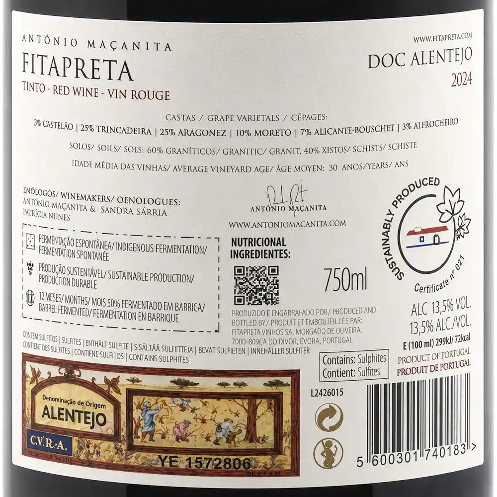 The back of a white wine bottle label for Fitapreta by Antonio Macanita, showing product details, ingredients, production info, and a barcode on a white background.