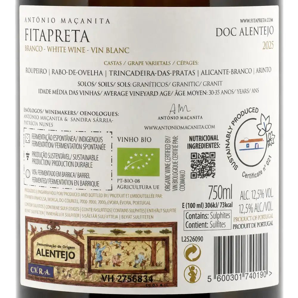 The back label of a bottle of Antonio Maçanita Fitapreta white wine, showing detailed product information, wine certification logos, and vintage-style illustrations at the bottom.
