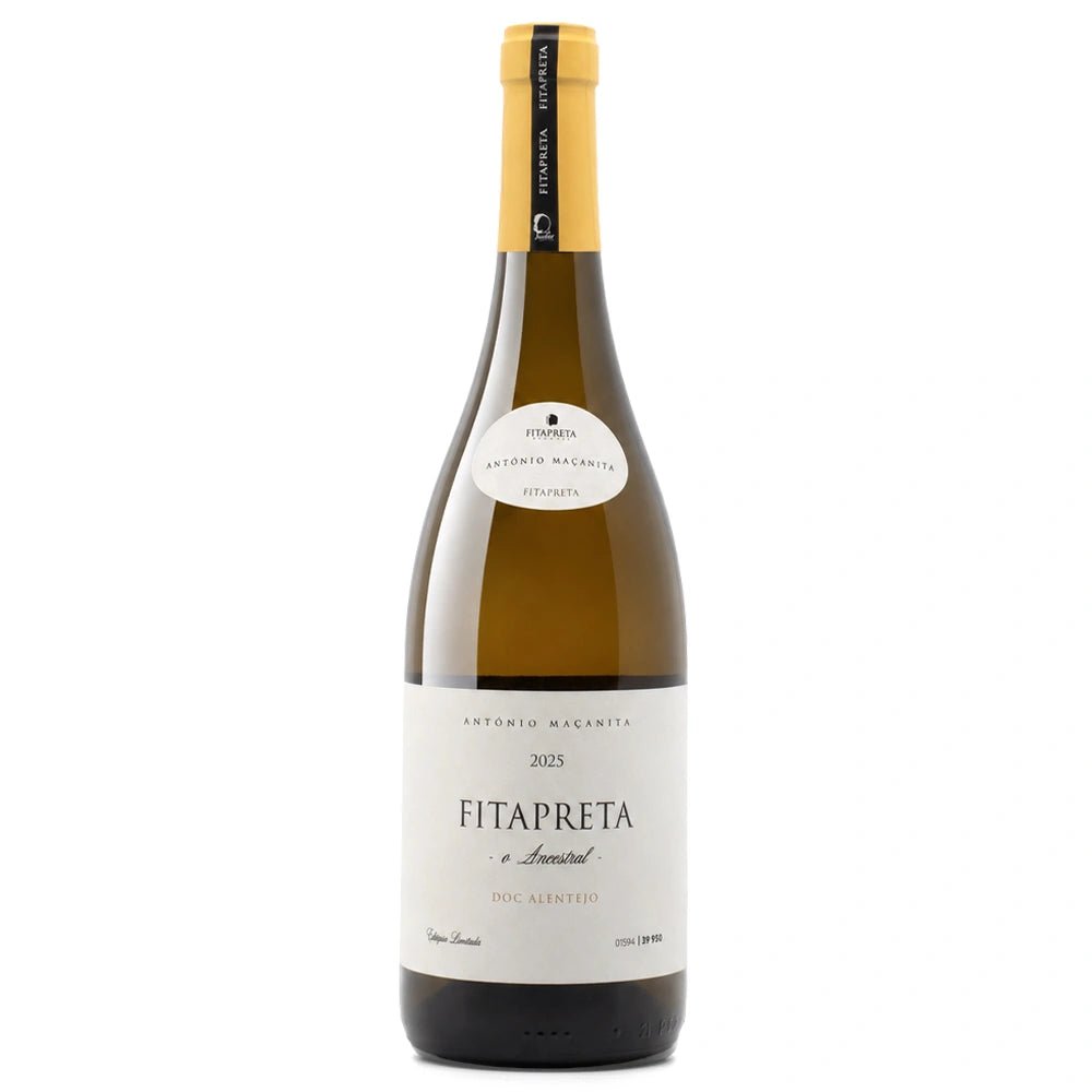 A bottle of white wine by Antonio Maçanita FitaPreta O Ancestral, featuring a white label and a gold foil neck wrap, set against a plain white background.
