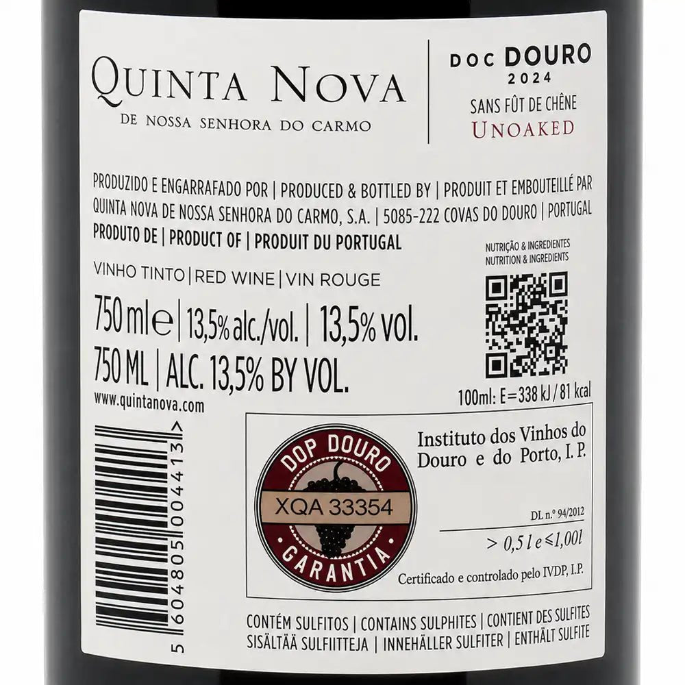 Close-up of a wine bottle label for Quinta Nova Doc Douro 2024, showing product details, barcode, QR code, and certification seal on a dark bottle background.