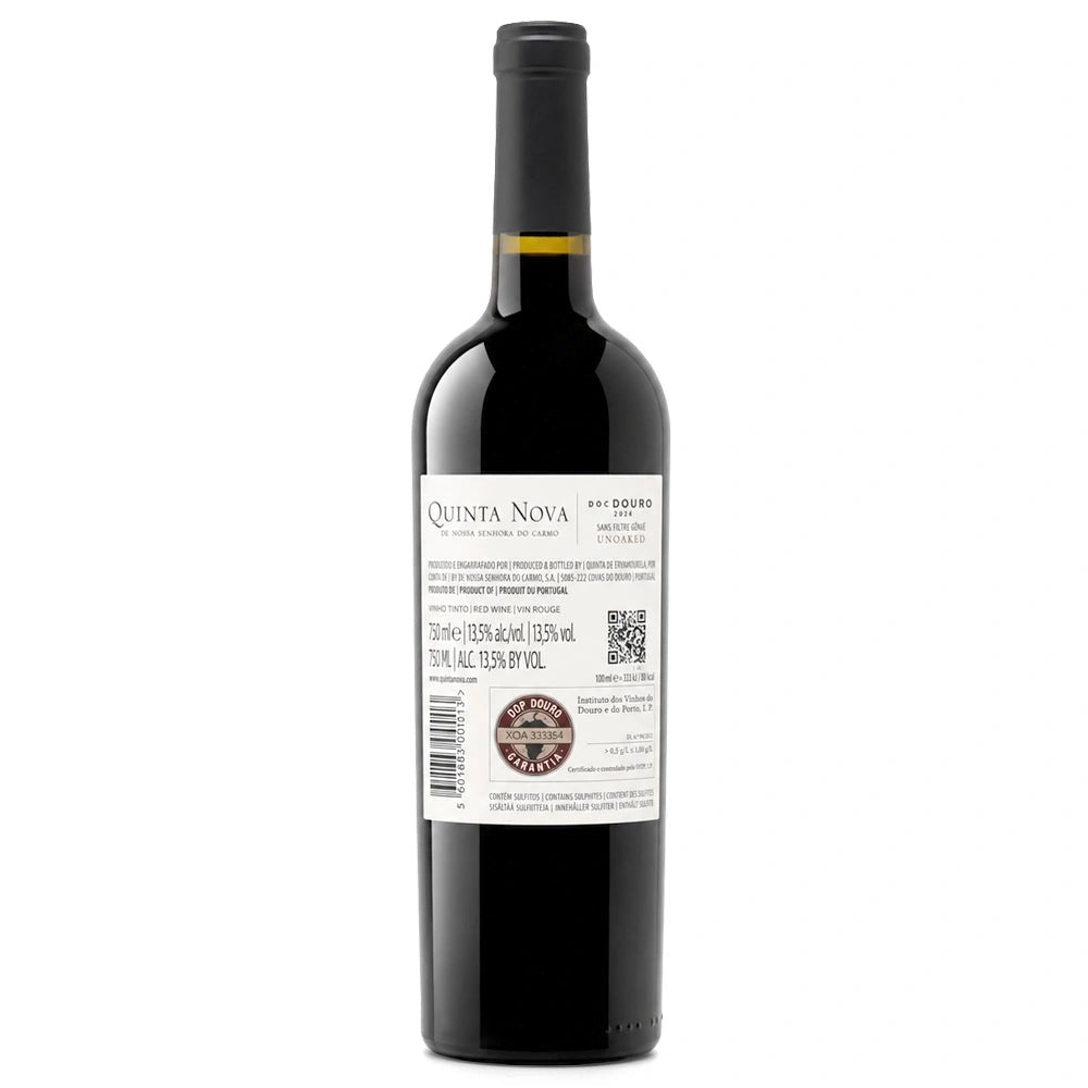 A bottle of Quinta Nova Douro Red wine, featuring a dark glass body, black screw cap, and a white label with black text and a circular seal.