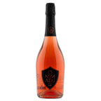 A bottle of Mimadu Rose Pink sparkling wine with a black foil capsule and a black shield-shaped label, set against a plain white background.