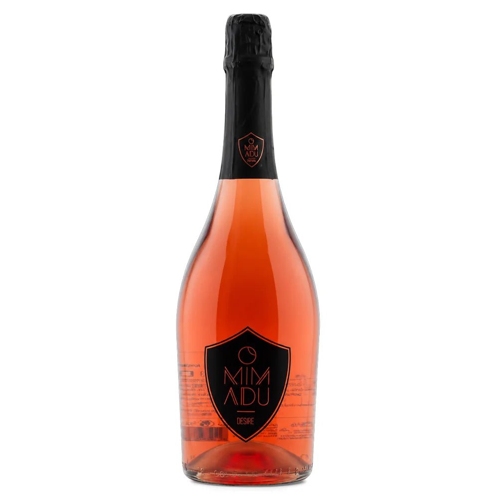 A bottle of Mimadu Rose Pink sparkling wine with a black foil capsule and a black shield-shaped label, set against a plain white background.