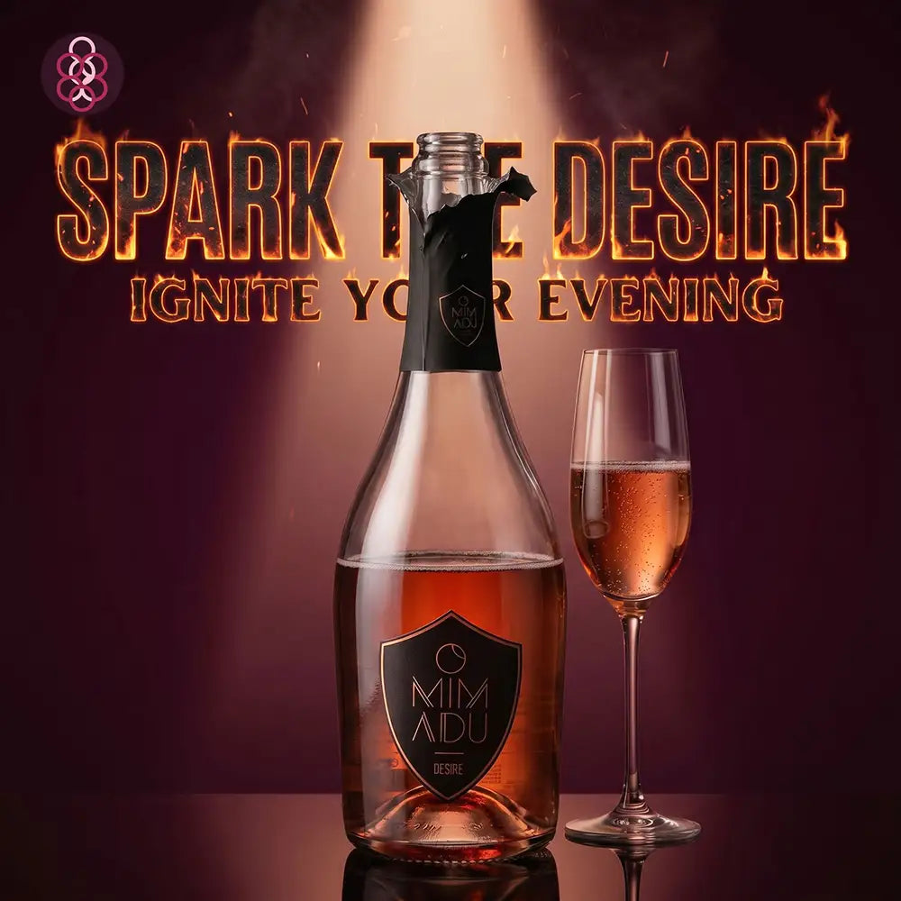 A bottle of Mimadu sparkling wine with a black foil capsule and a matching glass filled with the pinkish-amber wine, set against a dark purple background with dramatic lighting and the text 'SPARK THE DESIRE IGNITE YOUR EVENING'.