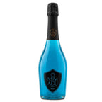 A bottle of Mimadu Ocean sparkling drink with vibrant blue liquid, a black foil neck, and a black shield logo on the front, set against a plain white background.