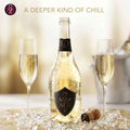 A bottle of Mimadu sparkling wine with two filled champagne flutes, ice, and a cork on a warm beige background with the text 'A DEEPER KIND OF CHILL' and a brand logo in the top left.