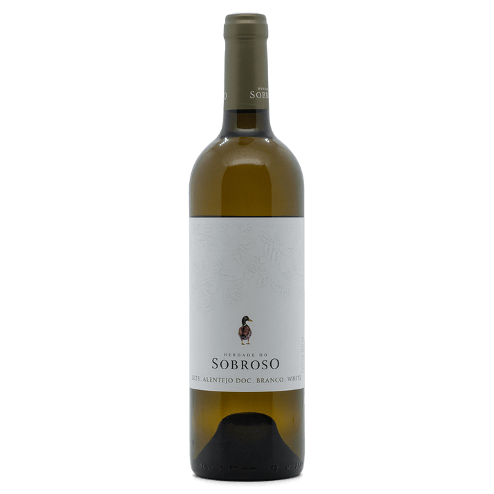 Herdade do Sobroso white wine bottle with straw color and elegant label reflecting fresh citrus notes.
