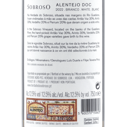 Label of Herdade do Sobroso Alentejo DOC 2022 white wine highlighting tasting notes and grape varieties.
