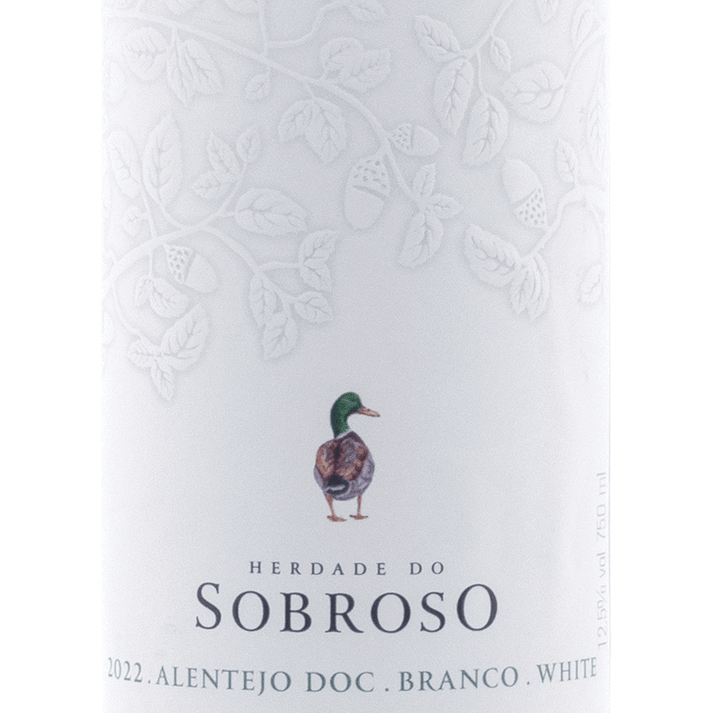 Herdade do Sobroso white wine label from Alentejo DOC 2022 featuring elegant design and duck illustration.