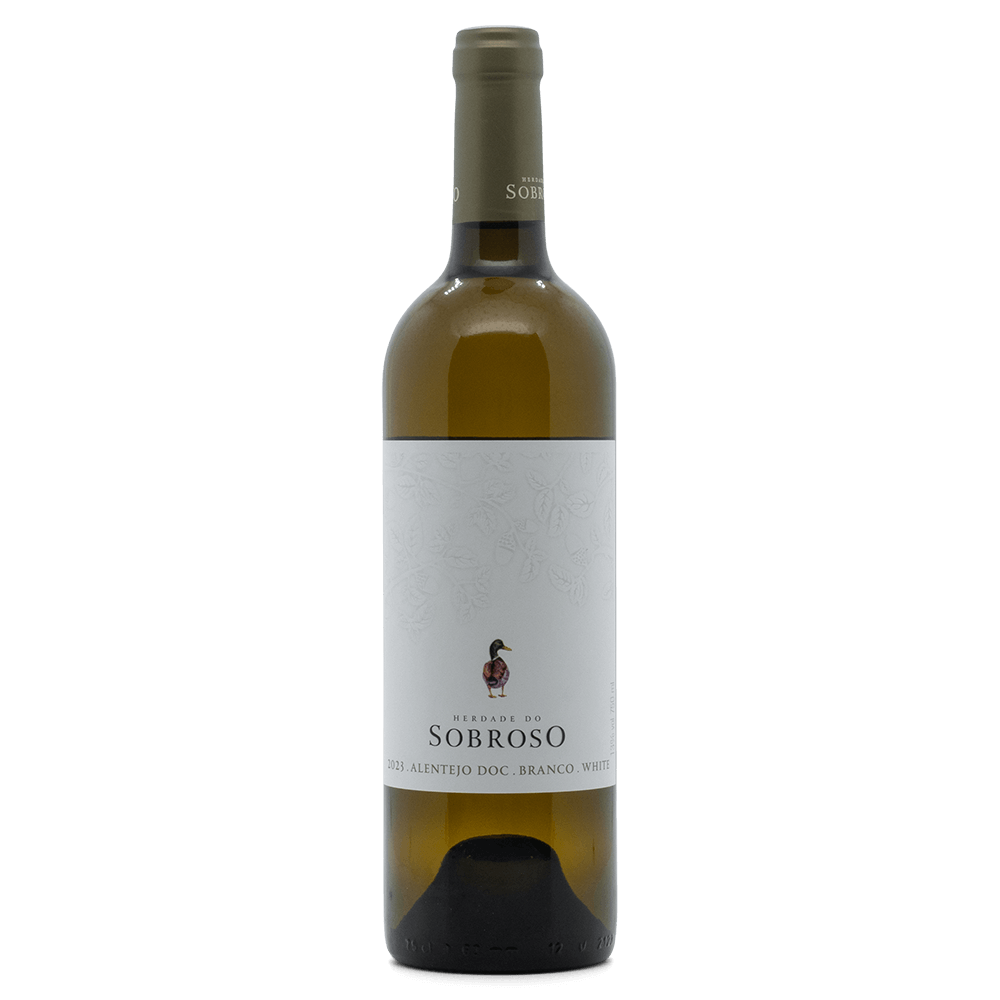 Herdade do Sobroso white wine bottle with straw color and elegant label reflecting fresh citrus notes.