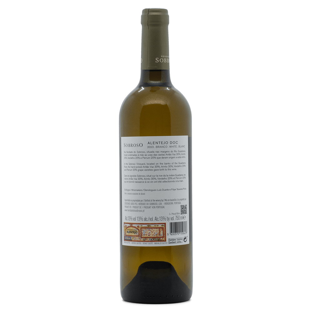 Herdade do Sobroso Alentejo DOC white wine bottle showcasing tasting notes and elegant design.