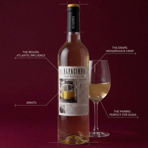 Alfacinha wine bottle with a glass of wine on a red background