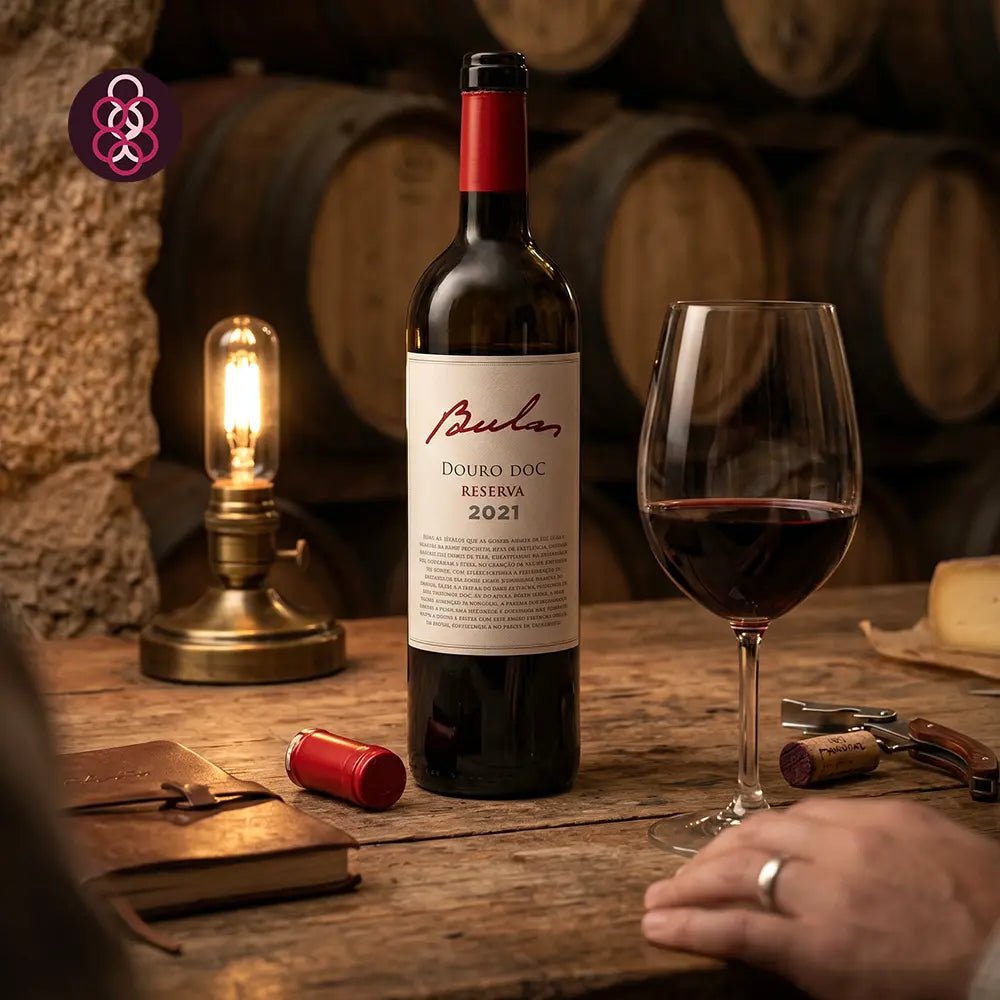 A bottle of Bulas Douro DOC Reserva 2021 red wine stands on a rustic wooden table beside a filled wine glass, with a corkscrew, notebook, and wine barrels in the background. A hand is visible at the lower right.
