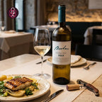 A bottle of Bulas Douro DOC 2023 white wine stands on a restaurant table beside a partially filled wine glass, a plated fish dish, and a corkscrew.