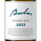 Close-up of a wine bottle label reading 'Bullas' and 'Douro Doc 2023' on a white label with dark green text and wine-colored bottle edges visible at the top and bottom.