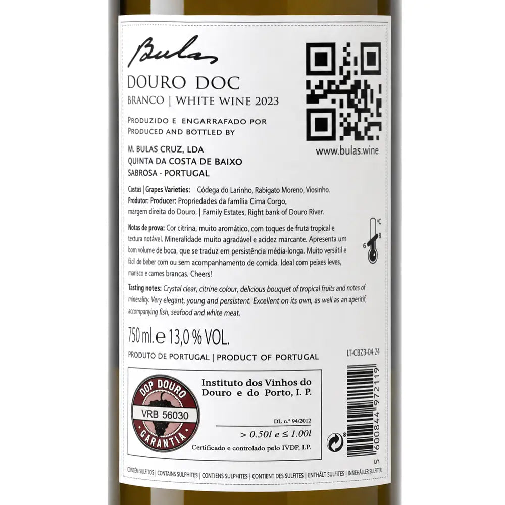 The back of a white wine bottle label for Bulas Douro Doc Branco, showing text details, a QR code, and certification logos on a white background.