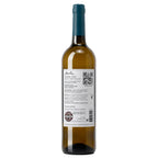 A bottle of Bulas Douro DOC white wine shown from the back, featuring a dark teal cap, a white label with text and a QR code, and a dark green glass base, set against a plain white background.