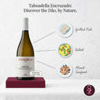 Taboadella Encruzado wine bottle with food pairings on a white background