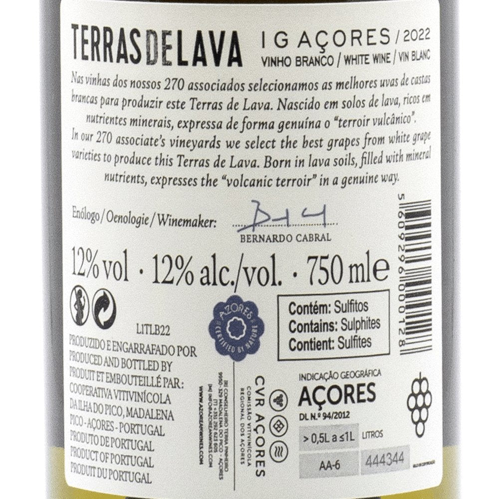 Wine back label for Terras de Lava from the Azores with text and branding details.