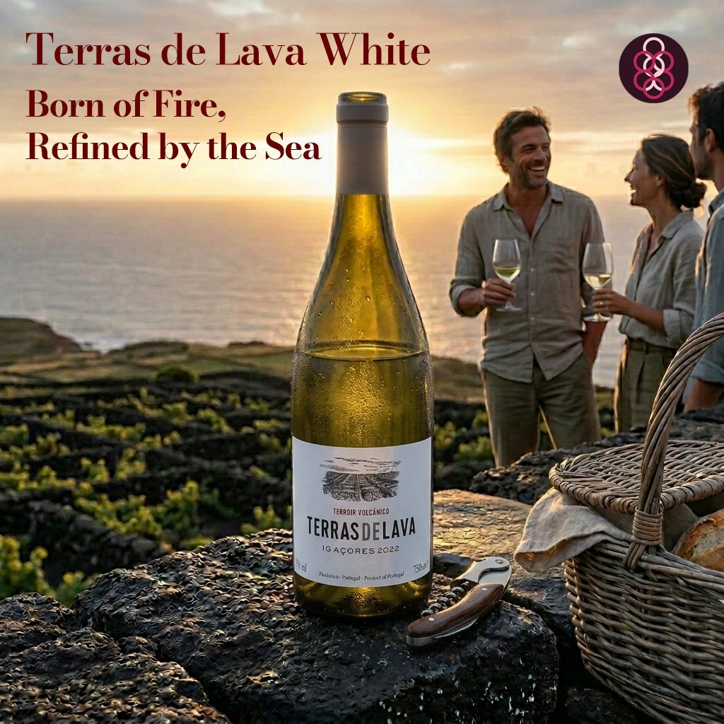 Terras de Lava White wine bottle with people enjoying a sunset at a vineyard.