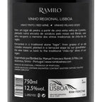 Close-up of a black wine bottle label for Ramilo Vinho Regional Lisboa red wine, showing Portuguese and English text, volume 750ml, 12.5% vol.