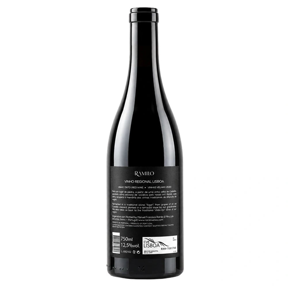 Ramilo Vinho Regional Lisboa red wine bottle, showing the back label with product details, on a solid white background.