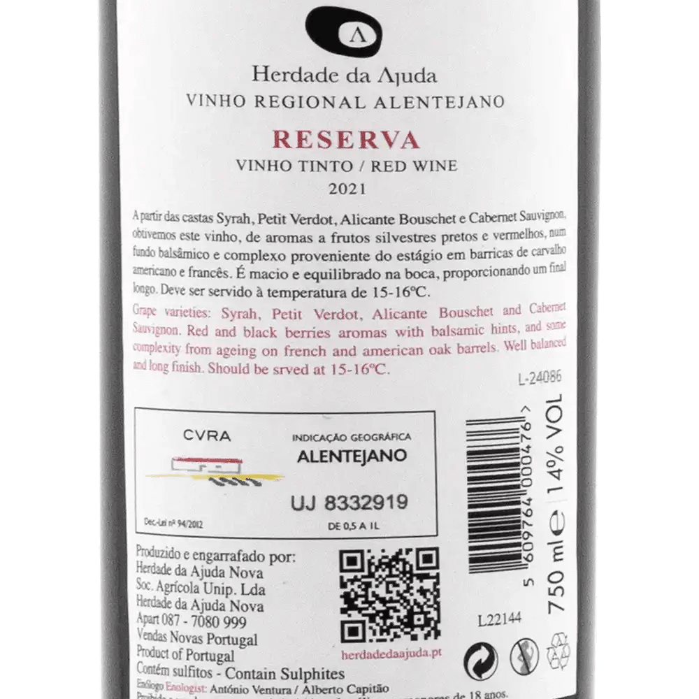 Wine label for Herdade da Ajuda Reserva Red Wine on a white background