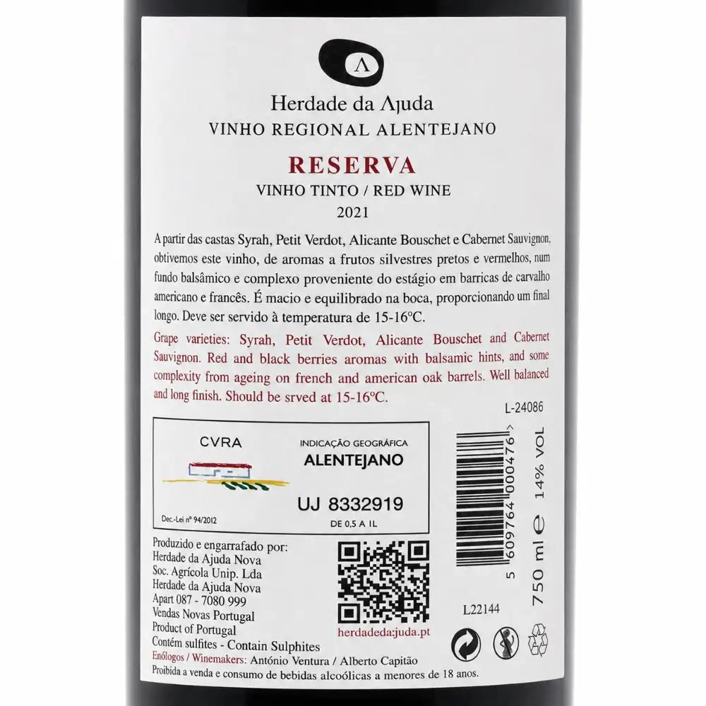 The back of a wine bottle label for 'Herdade da Ajuda Reserva Vinho Regional ALENTEJANO' red wine, showing product details, ingredients, a barcode, and a CVRA logo on a white background.