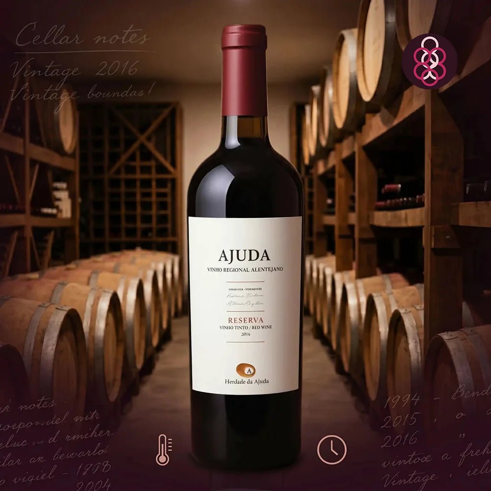 Bottle of Ajuda Reserva wine in a wine cellar with wooden barrels.