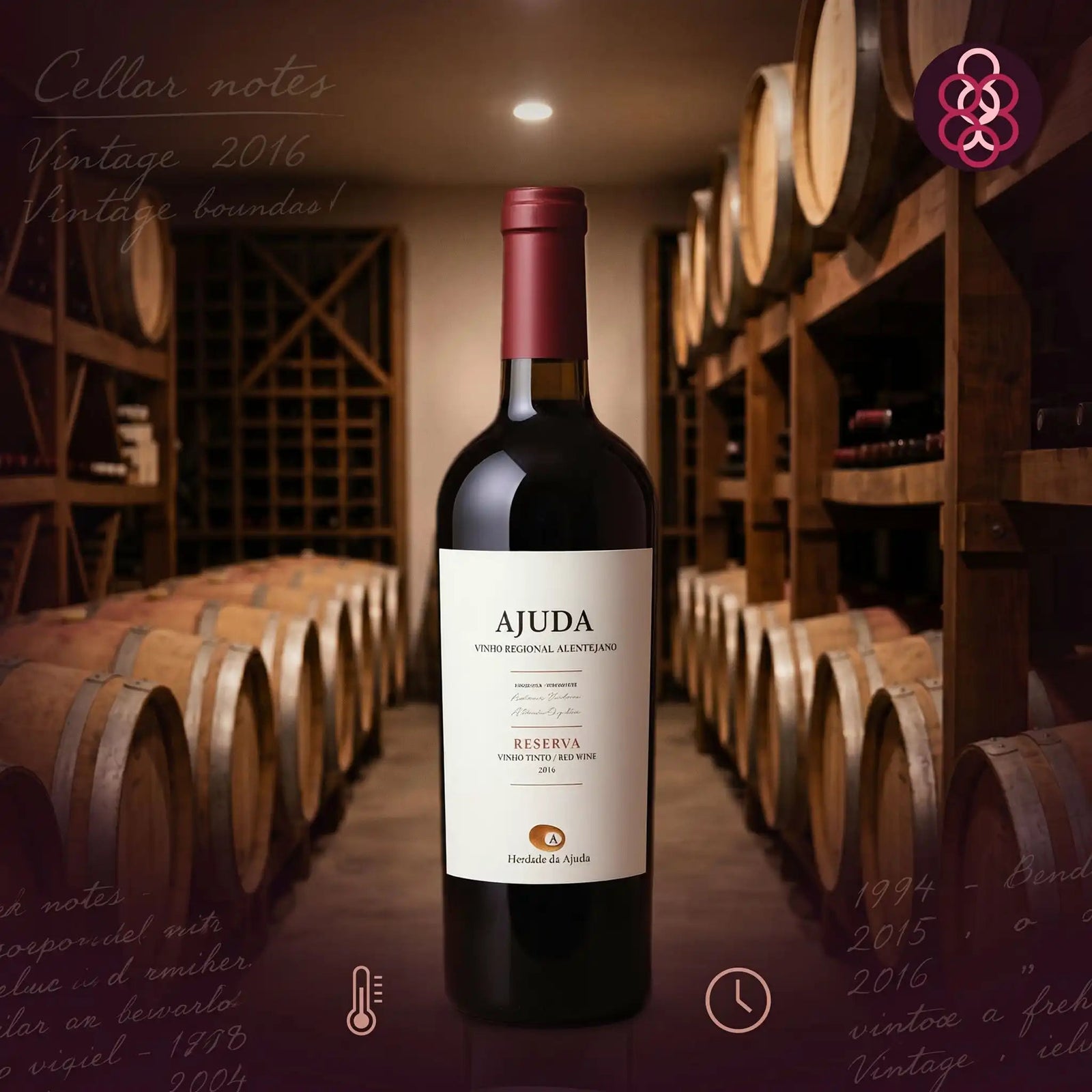 Bottle of Ajuda Reserva wine in a wine cellar with wooden barrels.