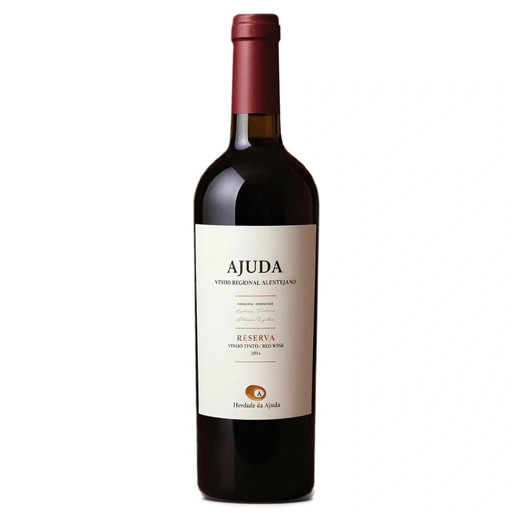 A bottle of Ajuda Reserva red wine with a cream-colored label and a dark red foil capsule, set against a plain white background.