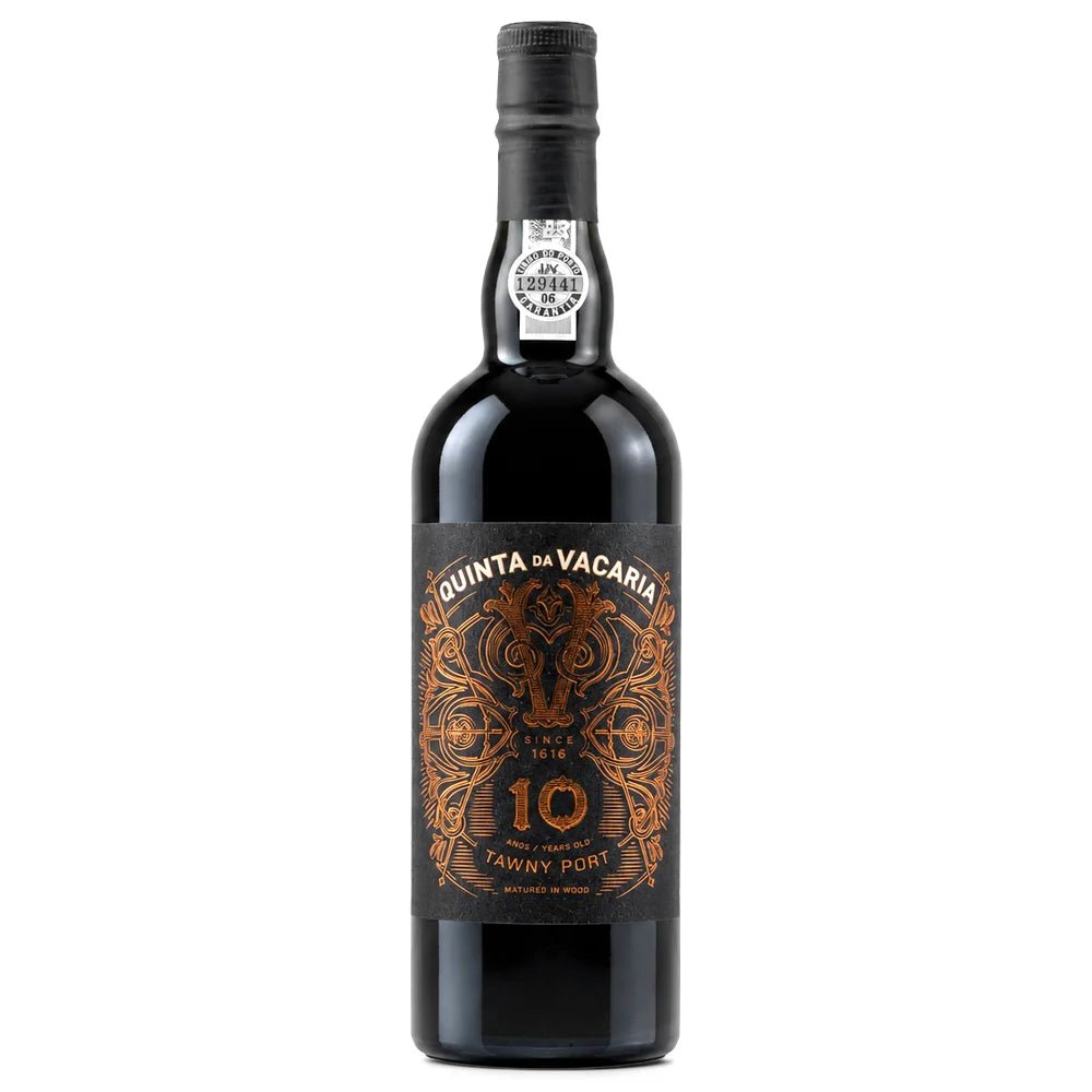 A bottle of Quinta da Vacaria 10 Year Tawny Port wine, featuring a black glass bottle with a detailed black and gold label and a traditional Portuguese paper seal on the neck, set against a plain white background.