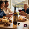 A bottle of Quinta da Vacaria 10 Year Tawny Port wine stands on a wooden dining table, with a hand holding a glass of red wine in the foreground. Three people are seated at the table in a warmly lit room, with cheese, nuts, and other appetizers on the table.
