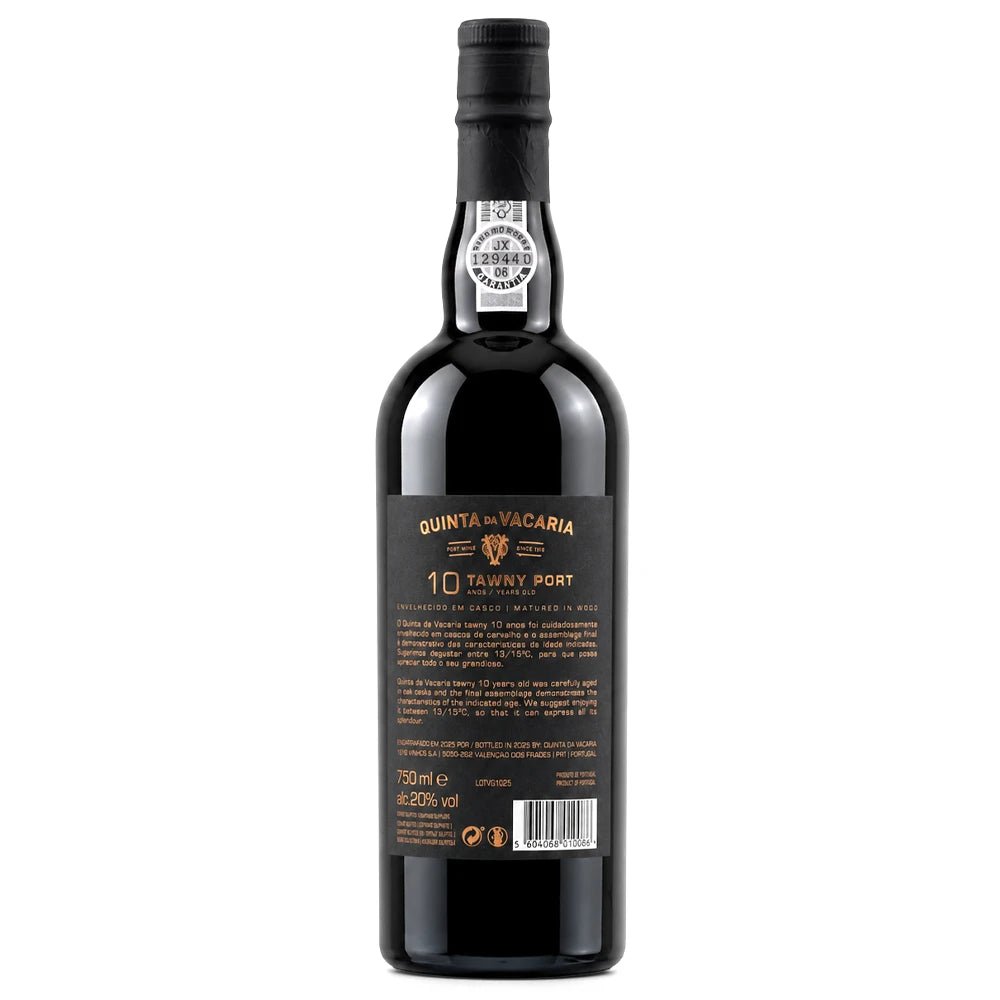 A bottle of Quinta da Vacaria 10 Year Old Tavoy Port wine, shown from the back against a plain white background. The bottle is made of very dark glass, appearing black, with a black screw cap and a black label featuring gold and white text.