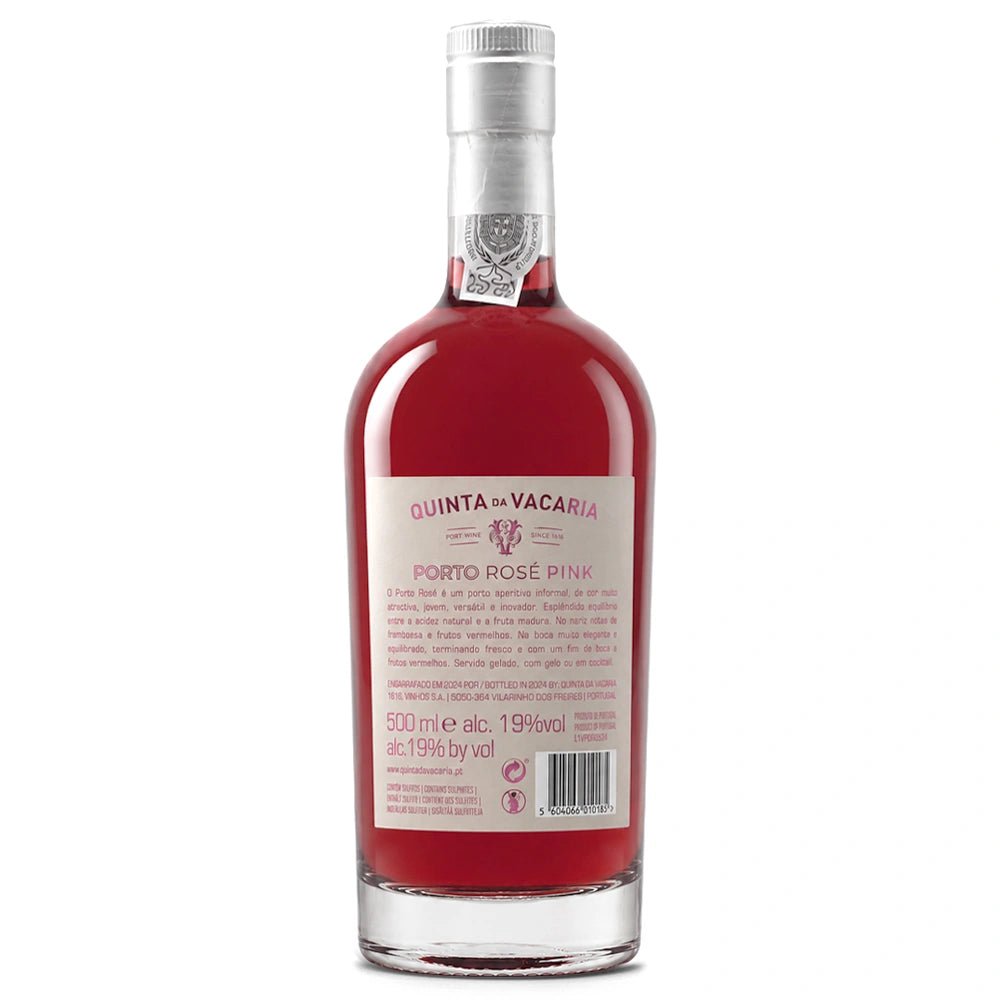 A bottle of Quinta da Vacaria Porto Rosé Pink, featuring a deep pink-red liquid inside a clear glass bottle with a silver screw cap and a cream-colored label.