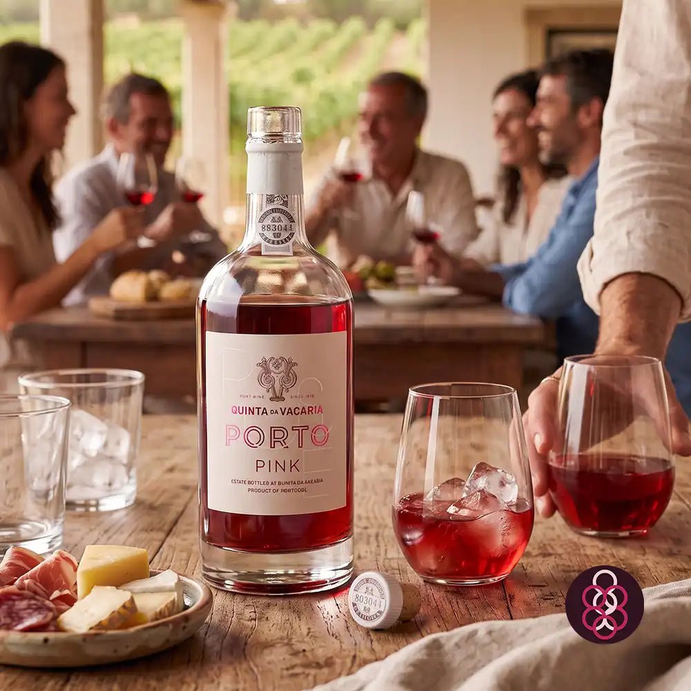 A bottle of Quinta de Vacaria Porto Pink wine is centered on a rustic wooden table, surrounded by glasses of the pink wine, cheese, and cured meats, with a blurred dining scene of people in the background.