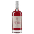 A bottle of quinta-da-vacaria-pink-port, featuring a clear glass bottle filled with deep pinkish-red liquid, a light pink label with elegant typography, and a silver screw cap, set against a plain white background.