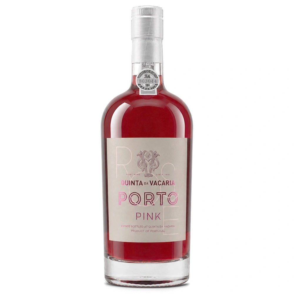 A bottle of quinta-da-vacaria-pink-port, featuring a clear glass bottle filled with deep pinkish-red liquid, a light pink label with elegant typography, and a silver screw cap, set against a plain white background.