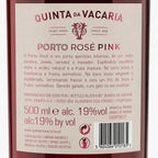 Back label of a Quinta da Vacaria Porto Rosé Pink port wine bottle, showing product details, Portuguese text, a barcode, and a red logo on a white label.