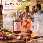 A promotional graphic for The Pink Port Spritz cocktail featuring a bottle of Quinta da Vacaria Porto Pink, a filled pink wine glass with raspberries, and recipe text on a rustic table with wine glasses and people blurred in the background.