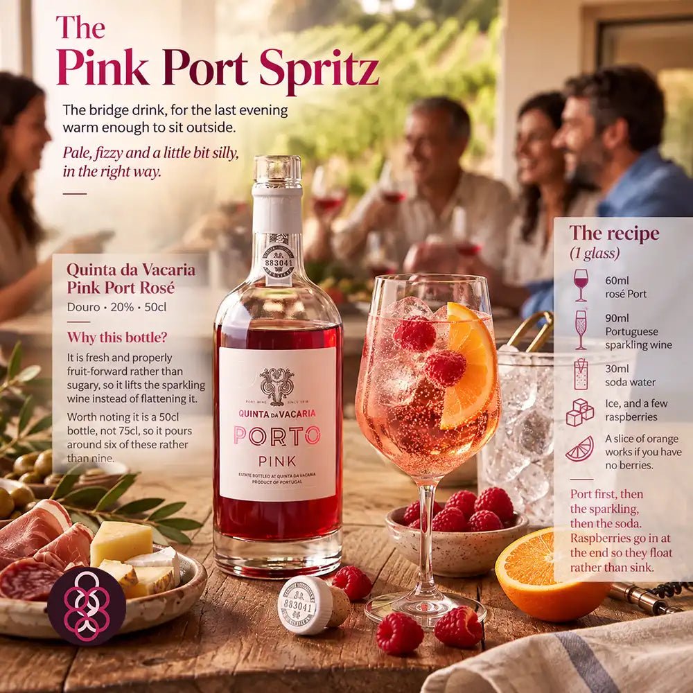 A promotional graphic for The Pink Port Spritz cocktail featuring a bottle of Quinta da Vacaria Porto Pink, a filled pink wine glass with raspberries, and recipe text on a rustic table with wine glasses and people blurred in the background.