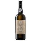 A bottle of Quinta de Vacaria White Port wine, featuring a dark green glass bottle with a beige label and black cap, set against a plain white background.