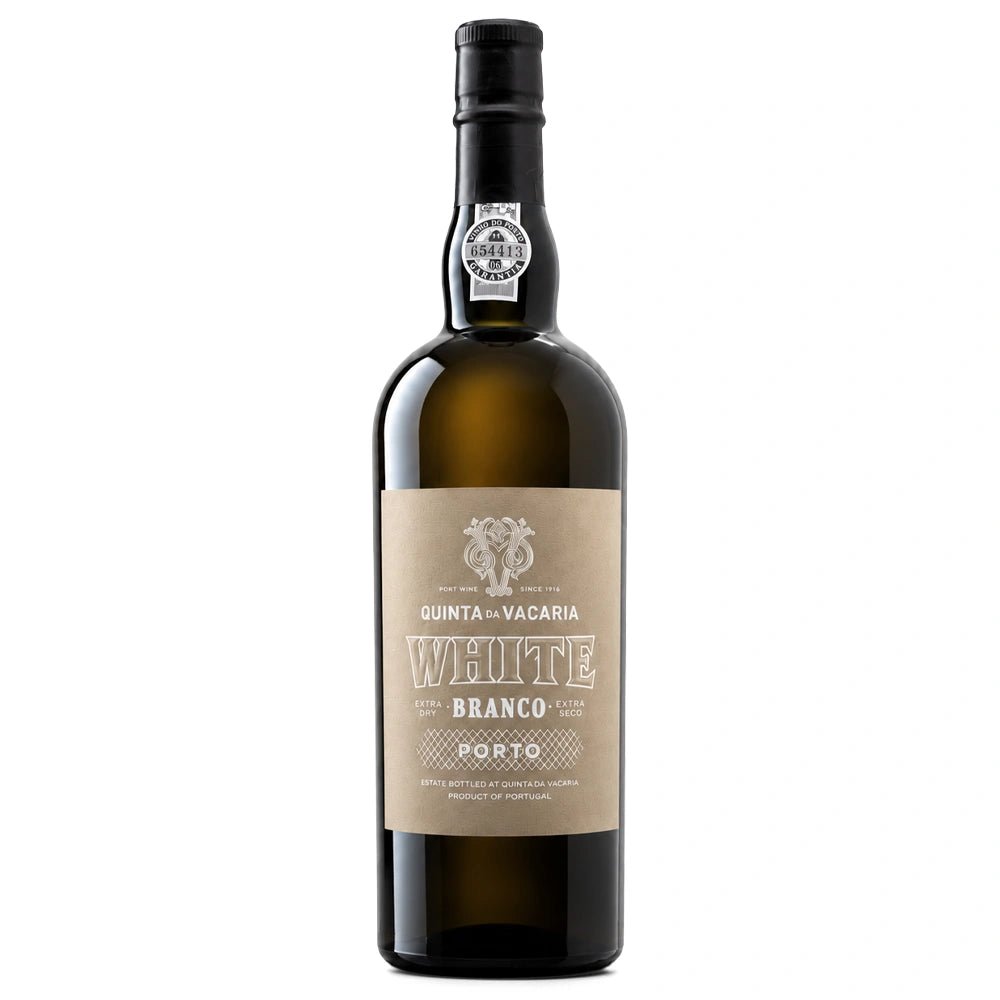A bottle of Quinta de Vacaria White Port wine, featuring a dark green glass bottle with a beige label and black cap, set against a plain white background.