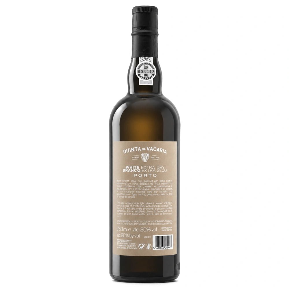 A bottle of Quinta da Vacaria White Extra Dry Porto shown from the back, featuring a beige label and a dark glass bottle on a white background.