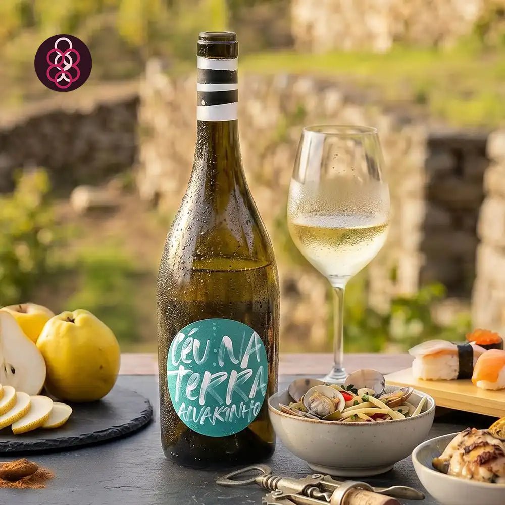 A bottle of Céu na Terra Alvarinho  Vinho Verde White wine with a green label, shown next to a glass of white wine on a dark table with food props, set against a blurred outdoor stone wall background.