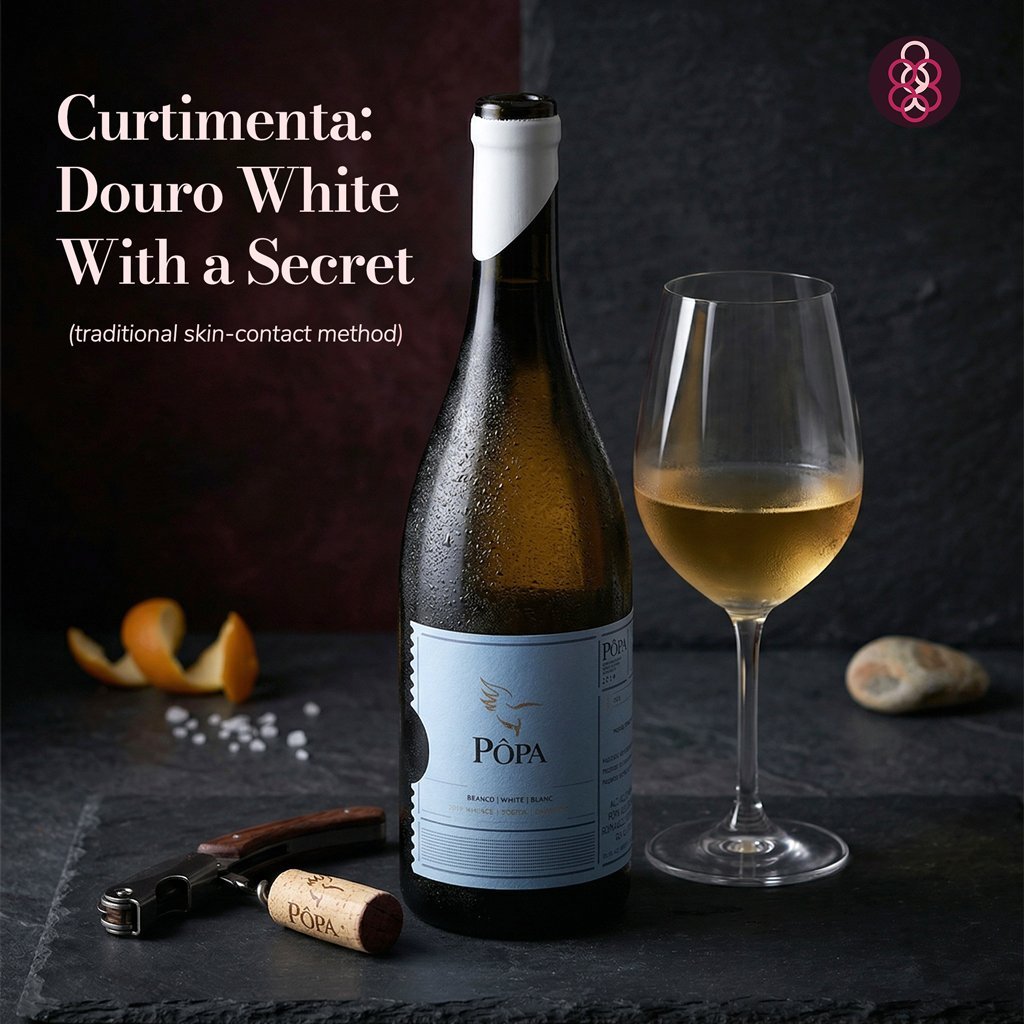 Bottle of Popa wine with a glass of wine on a dark surface, featuring the text 'Curtimenta: Douro White With a Secret'.
