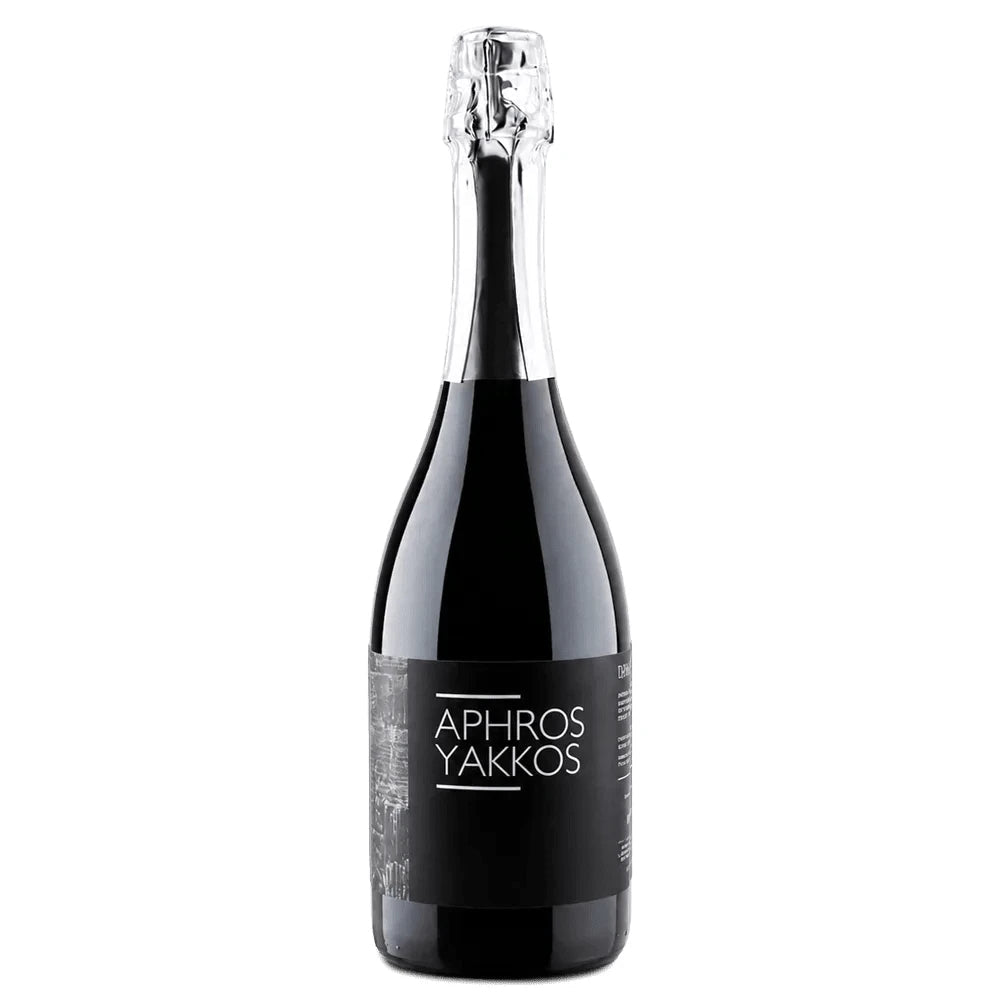 Black wine bottle with 'Aphros Yakkos' label on a white background