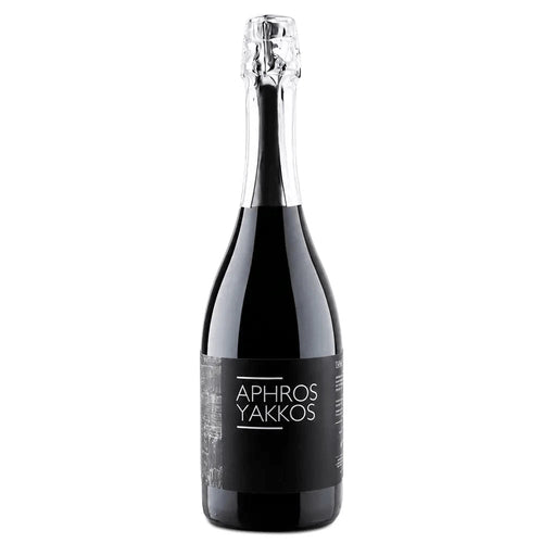 Black wine bottle with 'Aphros Yakkos' label on a white background
